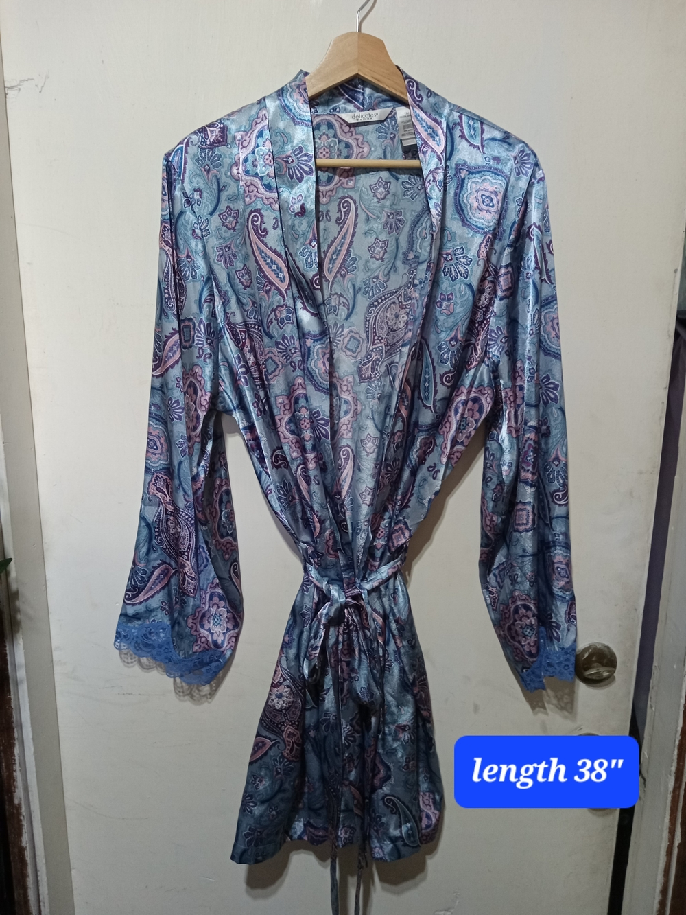 delicates Satin Paisley Kimono Robe in Blue and Pink